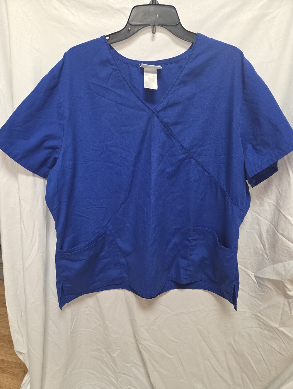 Women's Scrub V Neck Shirt 2X Blue 3 Poxkets Drawstring On Rear To Make Fitted